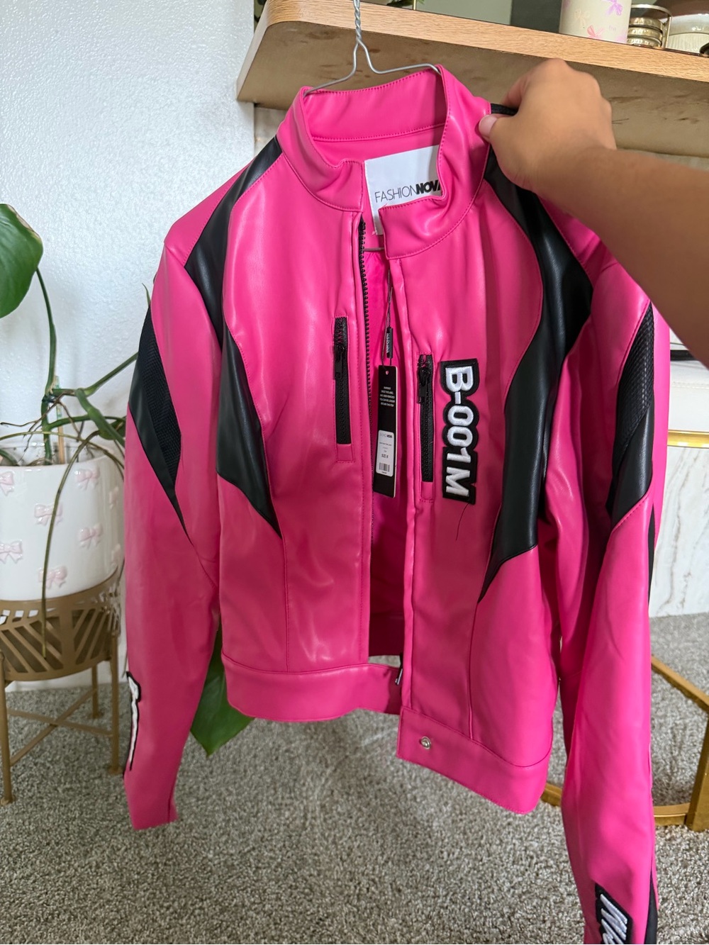 Fashion Nova Hot Pink & Black Faux Leather Moto Jacket B-001M